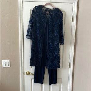 R&M Richards Navy Floral Lace embroidered 3/4 sleeve 3-piece pant set